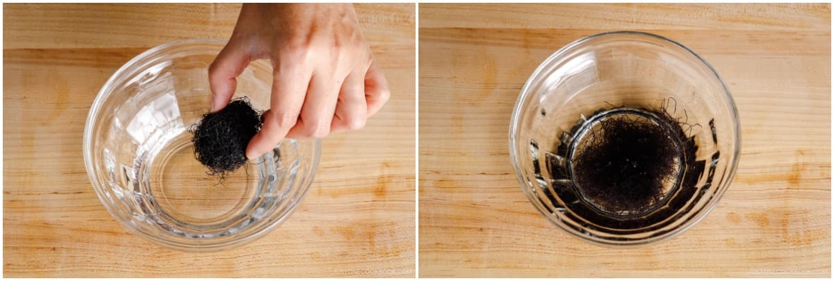 Put 1 small clump Hawaiian ogo seaweed (dried) in a small bowl and add enough water to cover. Soak for 5 minutes to rehydrate.