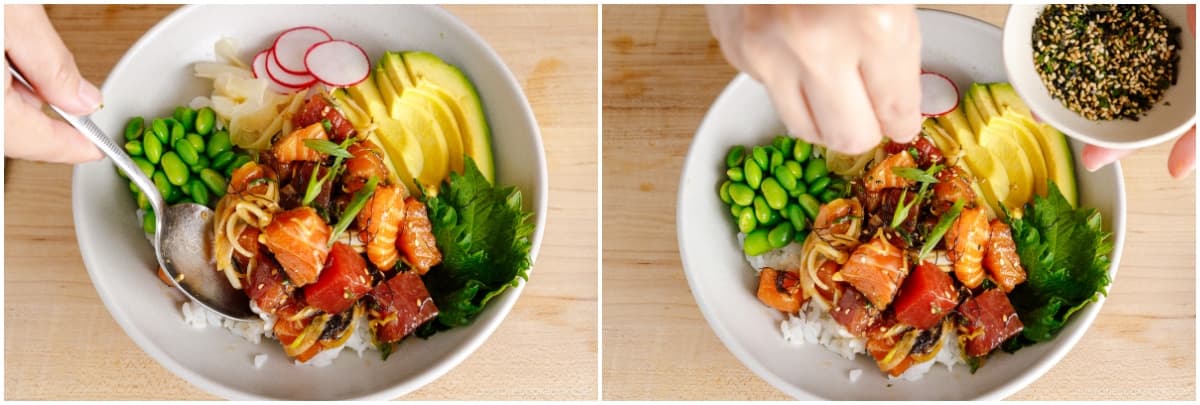 Divide 3 servings cooked Japanese short-grain rice into individual large (donburi) bowls. Cool the hot rice for 3–5 minutes (you don‘t want to warm up the raw fish). Then, pile the poke on top. You can add the toppings of your choice now. I recommend sliced or cubed avocado shelled edamame, thinly sliced Japanese or Persian cucumber, thinly sliced red radish, sushi ginger (gari), shiso leaves (perilla/ooba), and furikake (rice seasoning). See my Notes below for more suggestions.