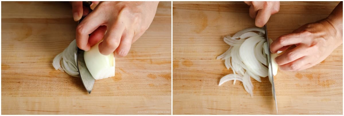 Thinly slice ¼ sweet onion lengthwise.