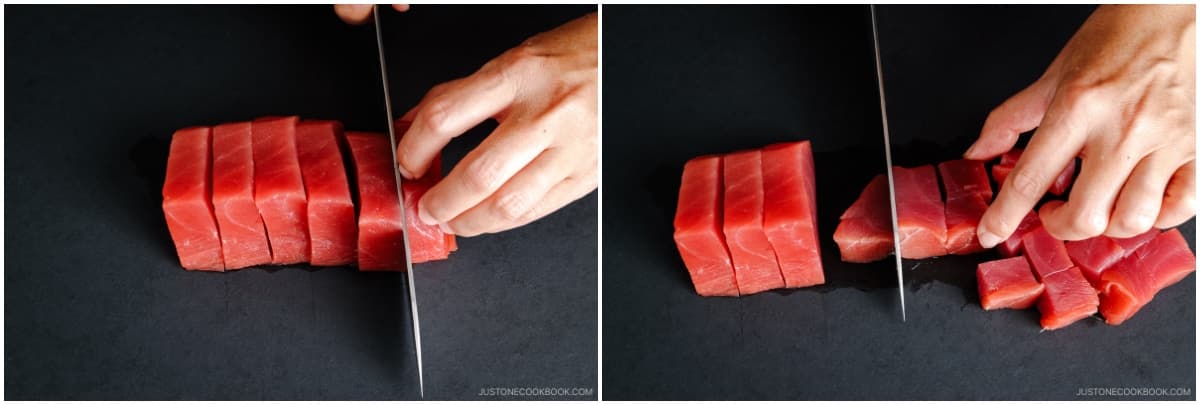 Cut ½ lb sashimi-grade tuna into bite-sized cubes about ¾ inch (2 cm).