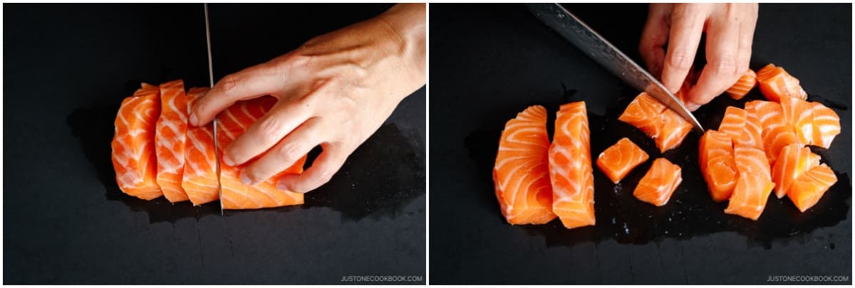 Cut ½ lb sashimi-grade salmon into bite-sized cubes about ¾ inch (2 cm).