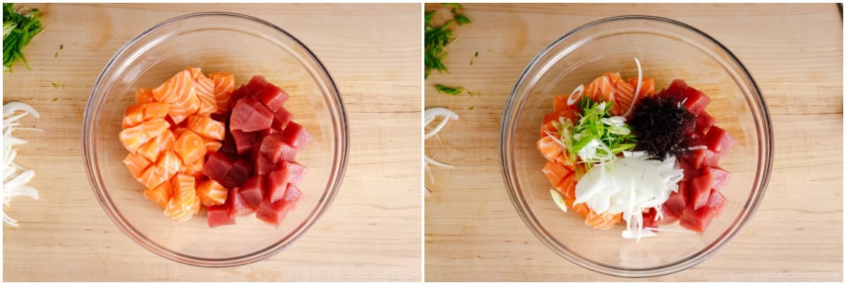 Put the tuna and salmon in a large bowl. Add the onion, green onion, and ogo.