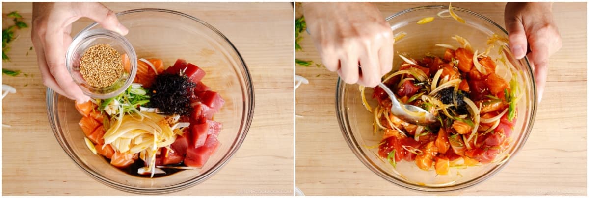 Sprinkle in ½ Tbsp toasted white sesame seeds and gently mix it all together. Cover and marinate it in the refrigerator for at least 1 hour (or up to 12 hours) to develop the flavors. During this time, prepare your optional toppings.