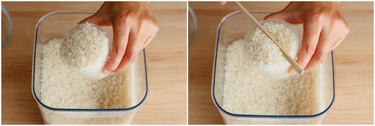 For 3 donburi servings of steamed rice, I recommend cooking 2¼ cups (3 rice cooker cups, 450 g) of uncooked Japanese short-grain rice. This yields 6⅔ cups (990 g) cooked rice. See how to cook short-grain rice with a rice cooker, pot over the stove, Instant Pot, or donabe.