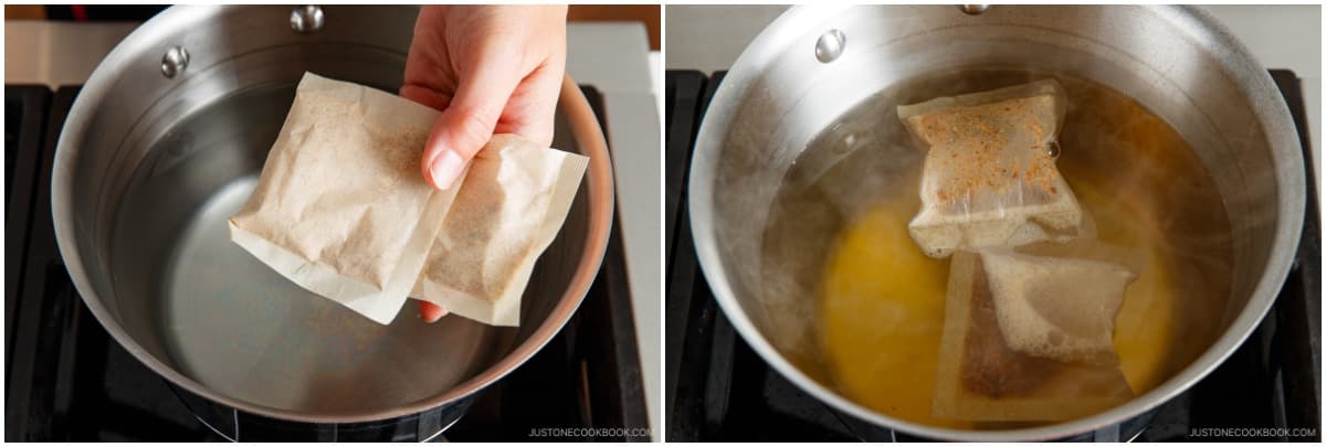 Before You Start: Make 5 cups dashi (Japanese soup stock) of your choice. Here, I'll show you a quick version using my favorite dashi packet. First, add 2 dashi packets to 5 cups water in a saucepan. Start cooking over medium heat. When it reaches a boil, reduce the heat to medium low and simmer for 2–3 minutes. Turn off the heat. Remove the packets from the saucepan, shake them a few times to release more flavor, then discard them. The dashi is now ready to use.