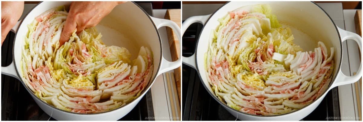 I usually place the thicker cabbage leaves near the edge of the pot and the tender leaves in the center. Make sure to pack the pot tightly as the layers will become loose during cooking.