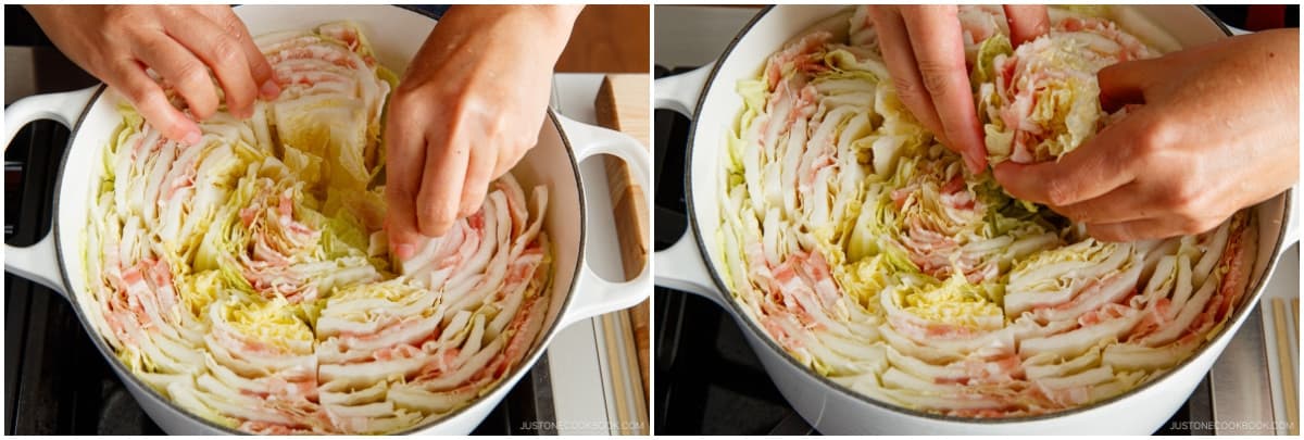 If you don’t have enough layers to pack the pot tightly, consider using a smaller pot or place other ingredients in the center. Here, I stuffed the napa cabbage leaves that came off when I cut and rinsed the cabbage. You can also put enoki mushrooms or shimeji mushrooms in the center.
