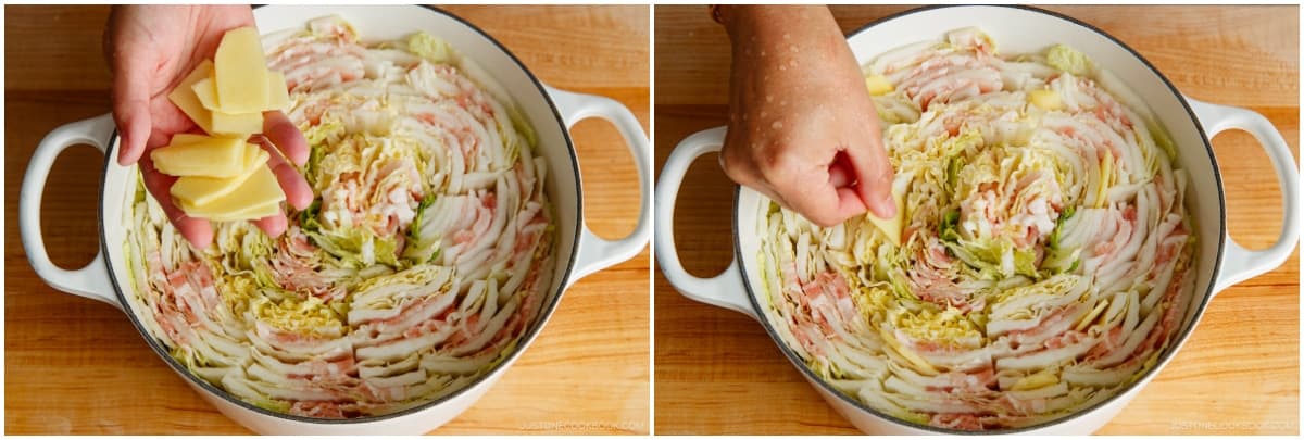 Insert the thinly sliced ginger between the layers.