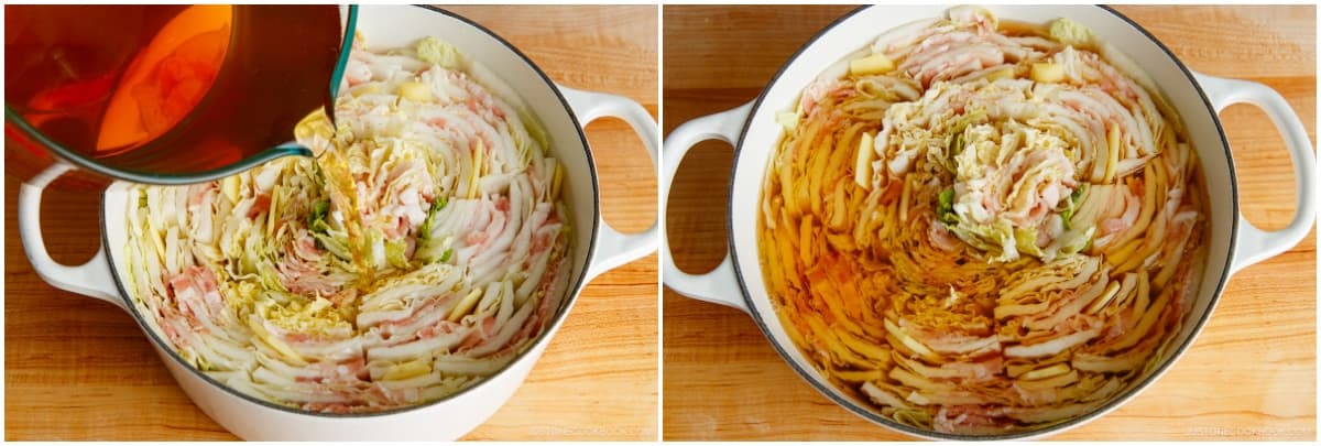Pour the soup broth into the pot with the cabbage and pork layers. If you are cooking at the table, bring the pot to the table. Otherwise, start cooking it on the stove (see below).