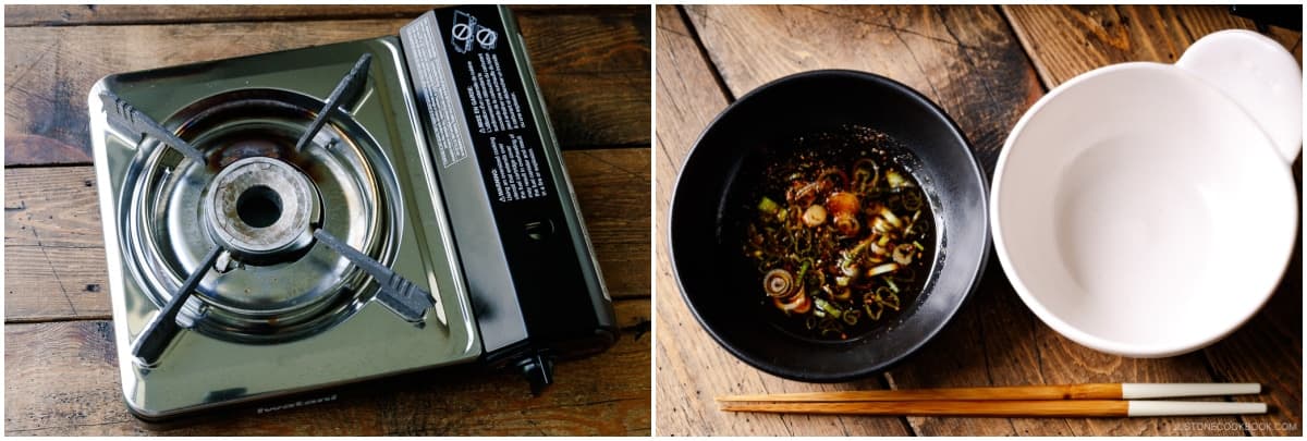 At each place setting, prepare a medium bowl and a small dipping bowl for each person. To cook at the table, set it up a portable gas stove and place the pot on it.For the dipping sauce, add ponzu, the chopped green onion/scallion, and optional shichimi togarashi (Japanese seven spice) to the small bowls.