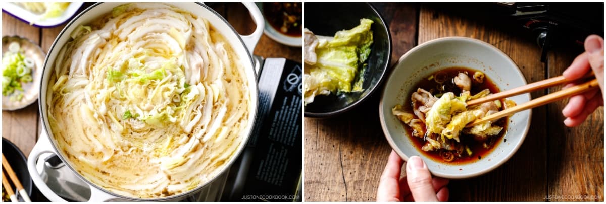 Start cooking, covered, on medium-high heat. Once boiling, skim off the scum and fat on the surface using a fine-mesh skimmer. Then, reduce the heat to medium low and cook covered until the napa cabbage is tender and the pork belly is cooked through, roughly 8–10 minutes. Serve it hot dipped in ponzu sauce and enjoy!