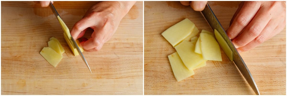 Peel and thinly slice the ginger knob into 8–10 slices ginger and set it aside.
