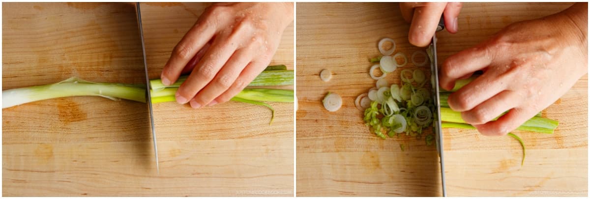 Thinly cut 1 green onion/scallion. Put the green onion in a small serving bowl to add later to the dipping sauce.