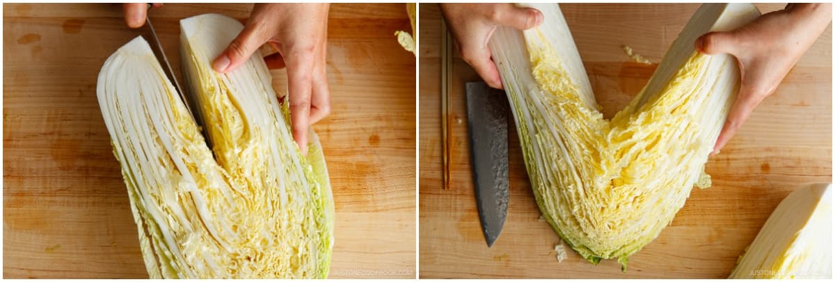 Cut 1 head napa cabbage lengthwise into quarters. I like to cut just the white bottom half with a sharp knife, then pull apart the leafy top half with my hands. By tearing it naturally, you lose fewer leaves compared to slicing. DO NOT cut off the core from the wedges yet. They keep the leaves attached and make layering the pork belly much easier.