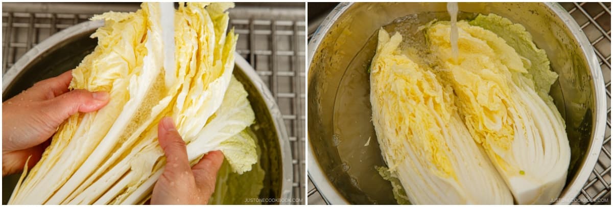 Carefully wash the leaves without detaching them from the core. Drain well. Don’t throw away any leaves that naturally come off while rinsing. We’ll use them later on.