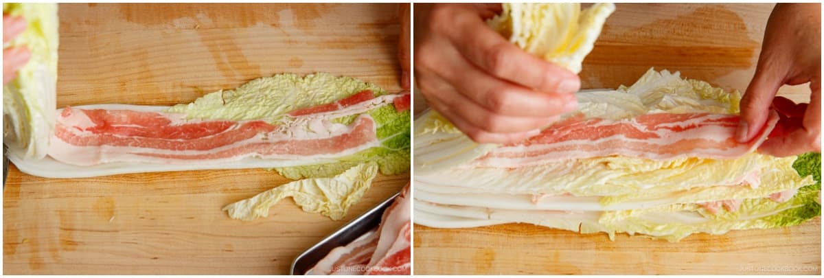 Layer 1½ lb sliced pork belly into the napa cabbage wedges by placing one pork belly slice between each of the leaves. If the pork belly is longer than the cabbage wedge, trim the pork with kitchen shears and layer it in other parts of the wedge. If you have extra pork belly, put an additional slice in the outer layers that have wide leaves.