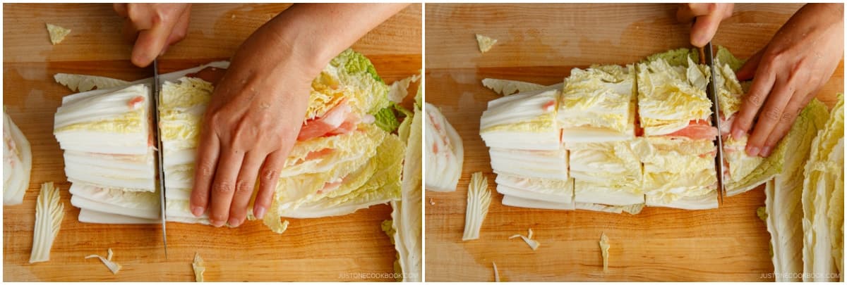 Once you‘ve tucked in the pork belly slices, carefully cut off the hard cabbage cores without disturbing the layers. Cut each wedge into 4 pieces that are each about 2–2½ inches (5–6 cm) long. Keeping the layers of cabbage and pork neatly stacked as you slice.