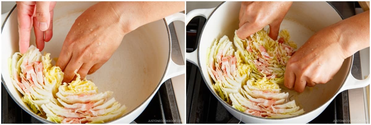 Prepare a donabe or regular 10-inch pot (I used a 4.5 QT Le Creuset pot; if you‘re doubling the recipe, use two 10-inch pots or one larger pot). Begin to pack the ingredients starting from the edge of the pot and working your way toward the center. Turn the stacks on their side so the pink and green layers are visible. Position the layers parallel to the pot‘s side so they eventually form concentric circles in the pot.