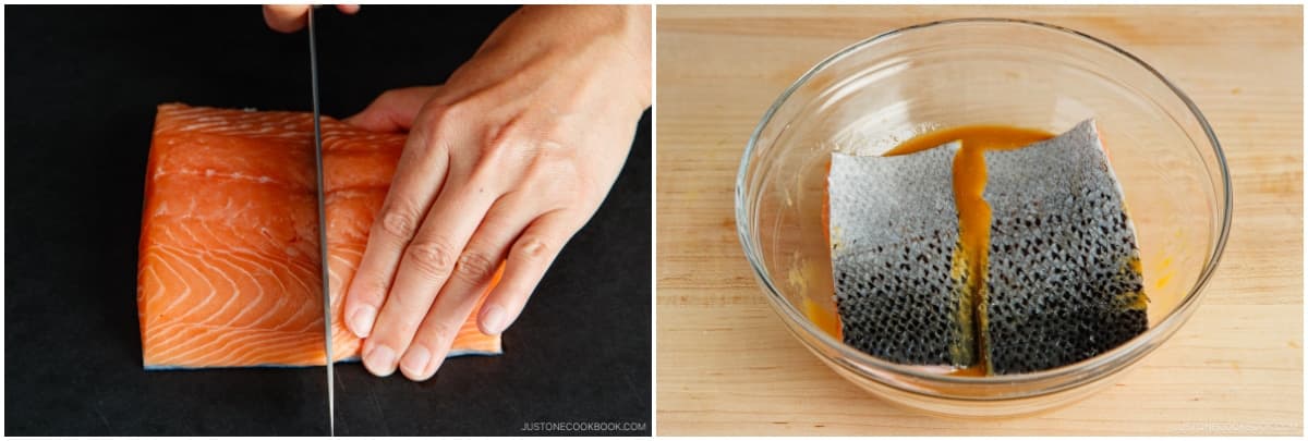 If your salmon isn’t cut into fillets, slice it into individual portions about 6 oz / 170 g each. Place the pieces in the marinade, skin side up.Nami's Tip: Slicing into individual fillets makes for quicker, more even cooking.