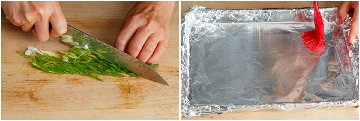Cut the green onions diagonally into thin slices. Line a baking sheet with aluminum foil (since parchment paper will burn) and spray or brush the oil so the salmon skin won‘t stick.