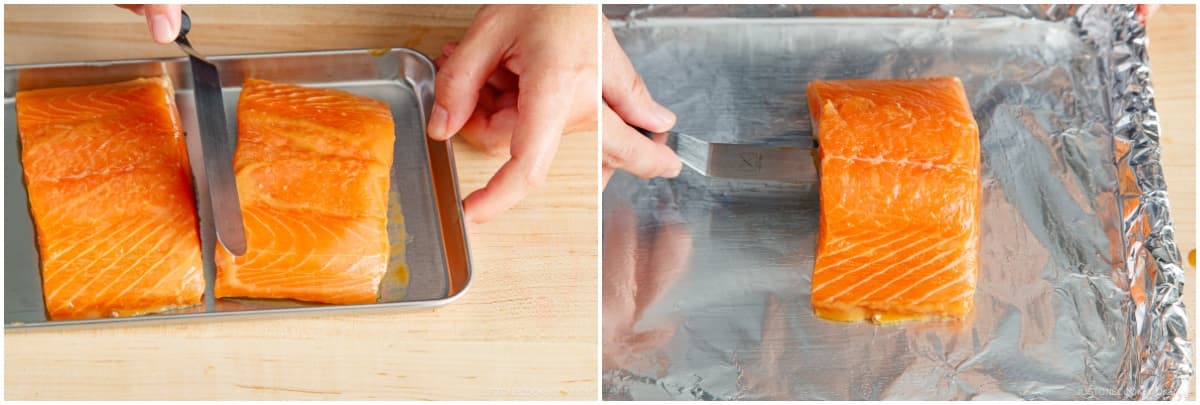 Place the salmon skin side down on the prepared baking sheet.Nami's Tip: I like to scrape off the excess marinade from all sides with an offset spatula or butter knife.