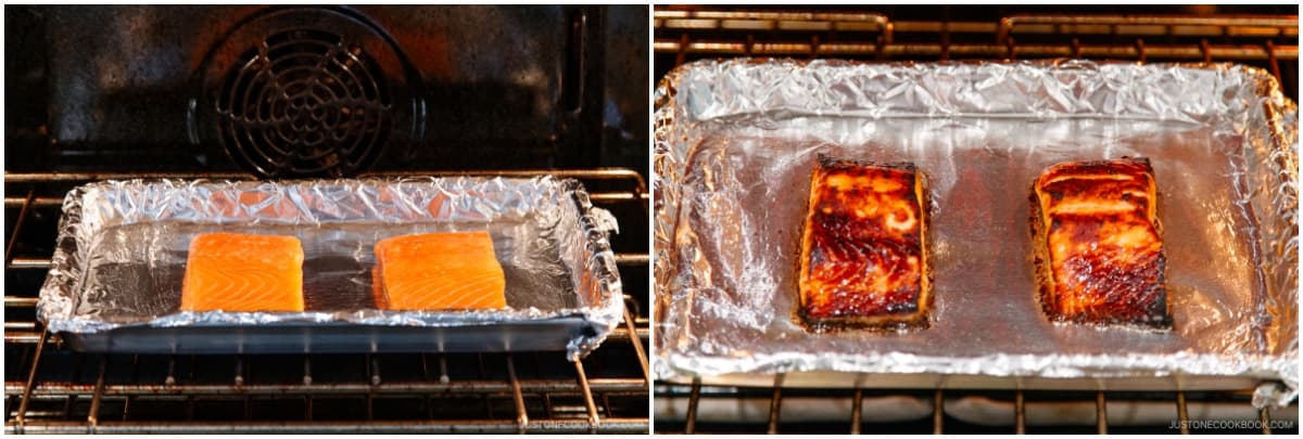 Broil the salmon for about 10–13 minutes or until the thickest part of the fillet reaches 125–130°F (52–54ºC). No need to flip the salmon. For medium-rare, stop cooking at 120ºF (49ºC). Note: The USDA recommends cooking fish to 145°F (63ºC). Keep in mind that the salmon continues to cook with residual heat, which may cause it to overcook. I highly recommend a Thermapen instant-read thermometer to check the temperature.