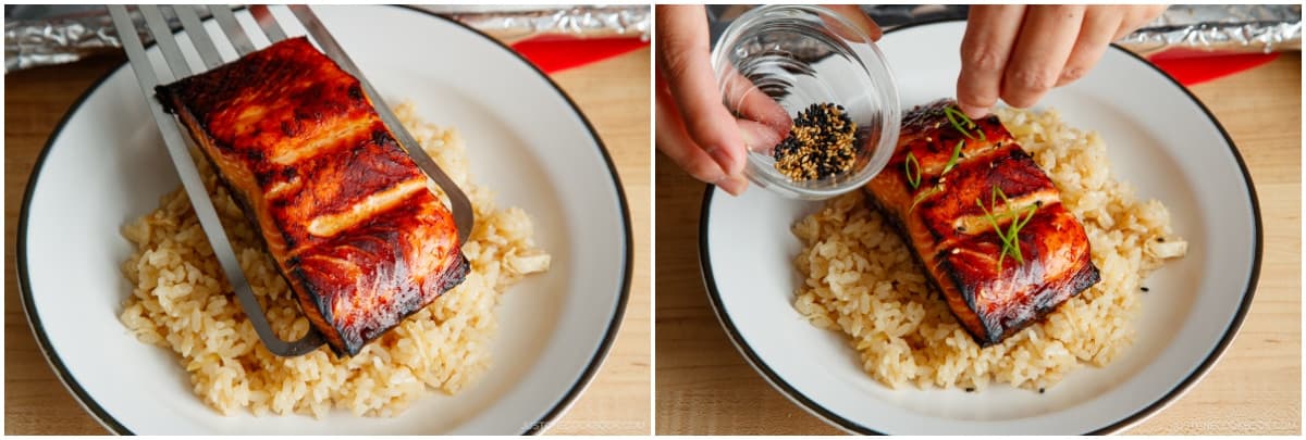 Top the salmon with ½ tsp toasted white and black sesame seeds and 1 green onion/scallion thinly sliced (both optional). I like to serve this salmon with Ginger Rice. Enjoy!