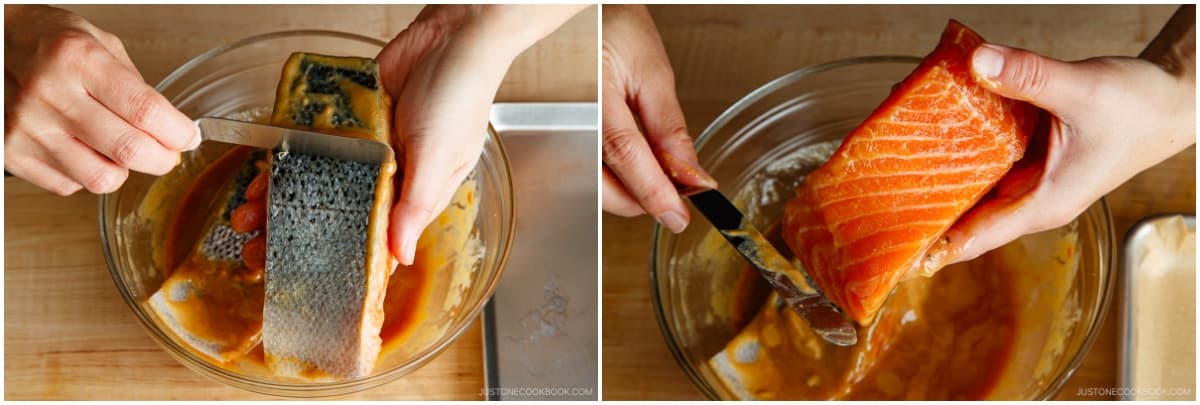 Remove all excess marinade before broiling, as miso burns easily. Nami's Tip: I like to scrape off the excess marinade from all sides with an offset spatula or butter knife.