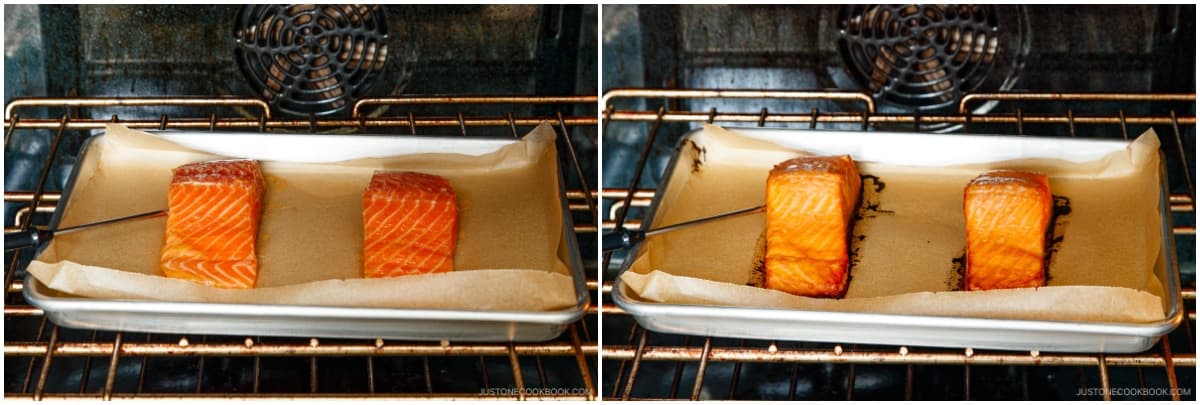 Bake the salmon for about 18–20 minutes, or until the thickest part of the fillet reaches 125–130°F (52–54ºC). No need to flip the salmon. For medium-rare, stop cooking at 120ºF (49ºC). Nami's Tip: Bake about 5 minutes per ½-inch (1.3-cm) of thickness, measured at the thickest part. Note: The USDA recommends cooking fish to 145°F (63ºC). Keep in mind that the salmon continues to cook with residual heat, which may cause it to overcook.