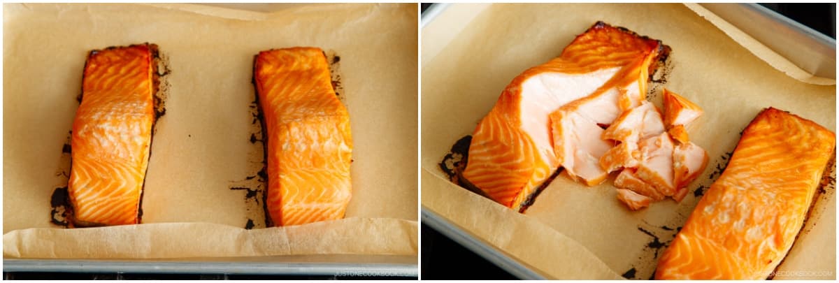 Remove the salmon from the oven and check doneness by flaking the flesh—it’s ready if it flakes easily.Optional char: For a golden, slightly blistered finish, underbake the salmon a little, then remove the probe and switch to broil on High (550ºF/290ºC). Keep the rack in the center and broil for about 3 minutes, until the surface is browned. Remember, the salmon will continue to cook while broiling, so switch early to avoid overcooking.