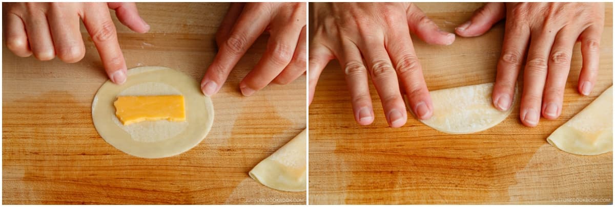 Fill leftover wrappers with sliced cheese, fold and press to seal, and pan-fry until golden on both sides. They are a favorite with kids!