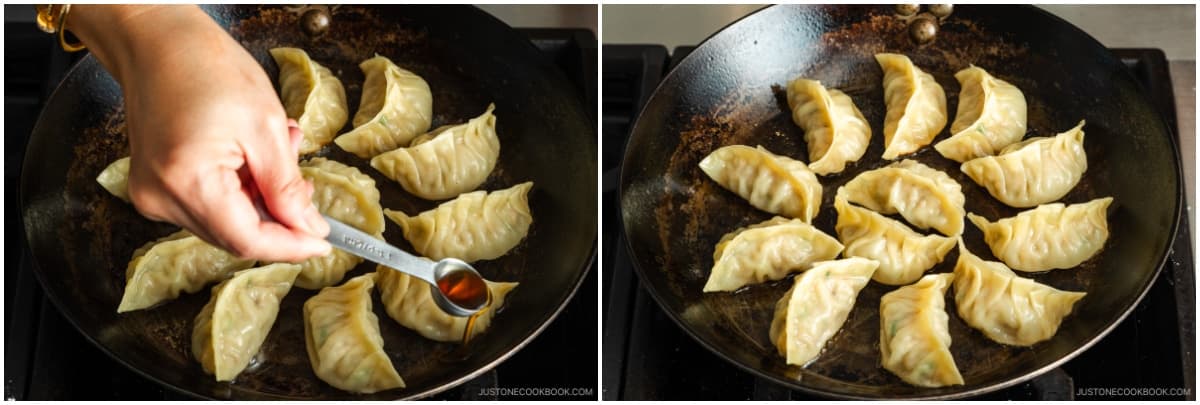 Remove the lid and cook until the water fully evaporates, about 1 minute. Drizzle 1 tsp toasted sesame oil around the gyoza and cook, uncovered, until the bottoms are deep golden and crisp.