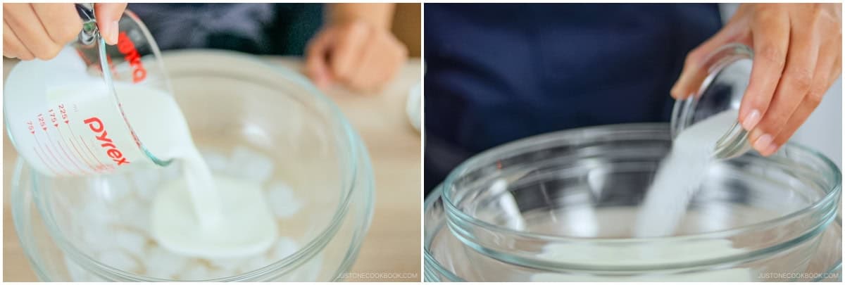 Fill a large bowl halfway with ice cubes and water. Nest a clean, dry medium bowl on top and add ½ cup heavy (whipping) cream and 1½ Tbsp sugar. Nami's Tip: The ice bath keeps the fat firm in the cold cream. This helps trap air so the whipped cream doesn't separate.