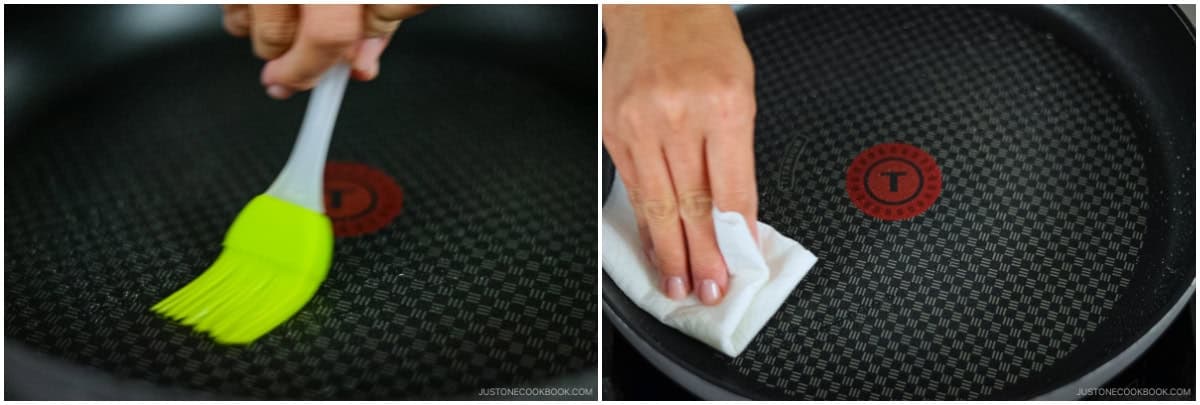 By now, your pan should be preheated to 300ºF (150ºC) over the lowest heat. Lightly brush with 1 Tbsp neutral oil, then blot with a paper towel to leave a thin, even film. Nami's Tip: A clean pan is the key to an even golden color.