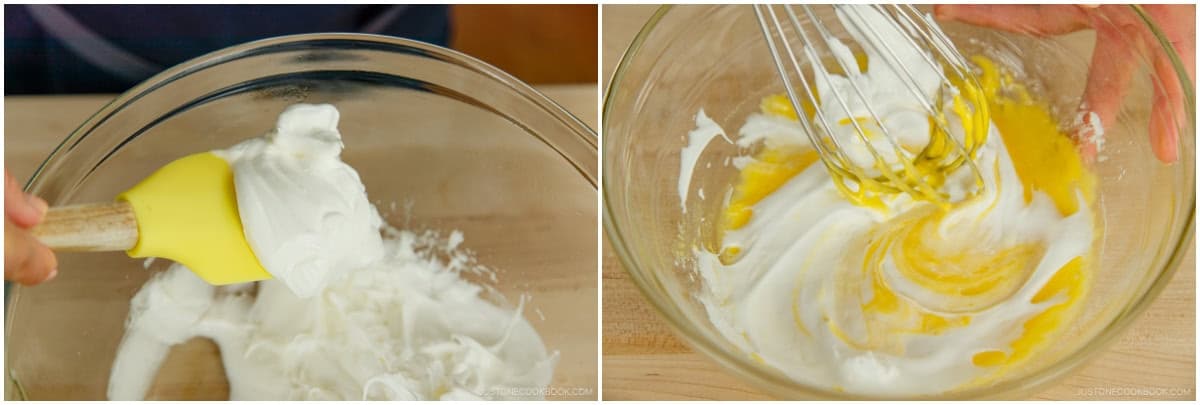 Add one-third of the meringue to the egg yolk mixture. Whisk by hand until homogenous.Nami's Tip: Don’t worry about breaking air bubbles at this stage.