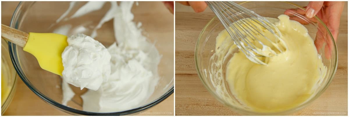Add half the remaining meringue to the egg yolk mixture and gently fold them with a hand whisk without deflating the air bubbles.Nami's Tip: See why we use a whisk instead of a silicone spatula in 2 Tips to Make Perfect Meringue (Egg Whites).