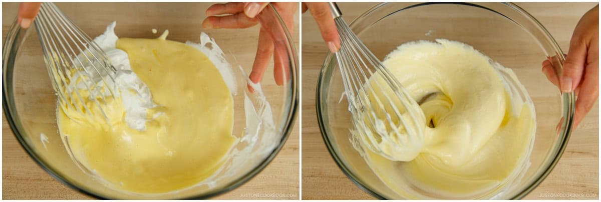 Transfer the egg yolk mixture into the meringue bowl. Fold the two mixtures together until homogenous, taking care not to deflate the air bubbles.