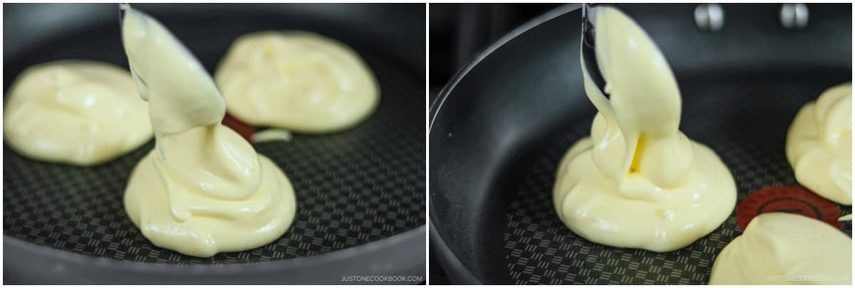 Check the surface of each pancake—it should look slightly dry. Add one more scoop of batter on each, piling it high.Nami's Tip: You should have at least three scoops left in the bowl.