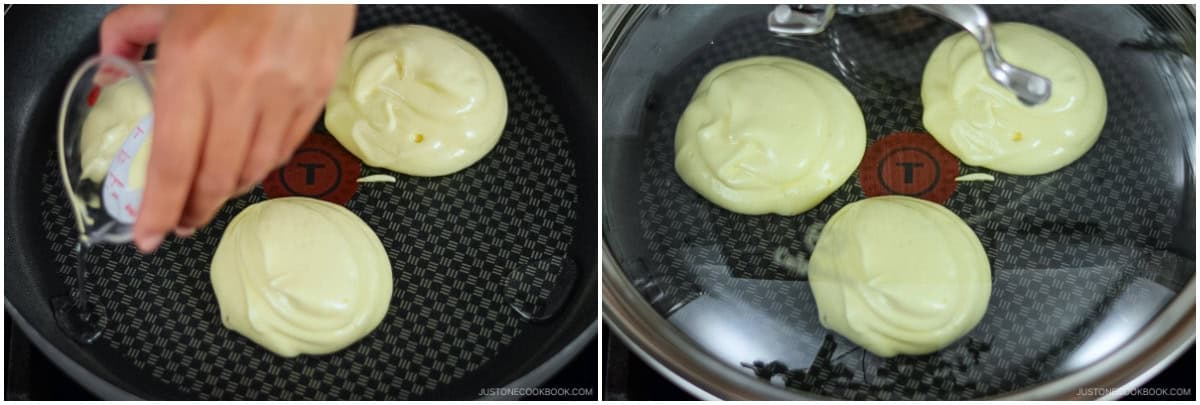 Pour 1 Tbsp water into the open spaces in the pan, cover with the lid, and cook for 6–7 minutes—set a timer so you don't forget.Nami's Tip: The steam keeps the pancakes moist while cooking. The suggested cook time is a guideline, and actual time depends on the frying pan's temperature.