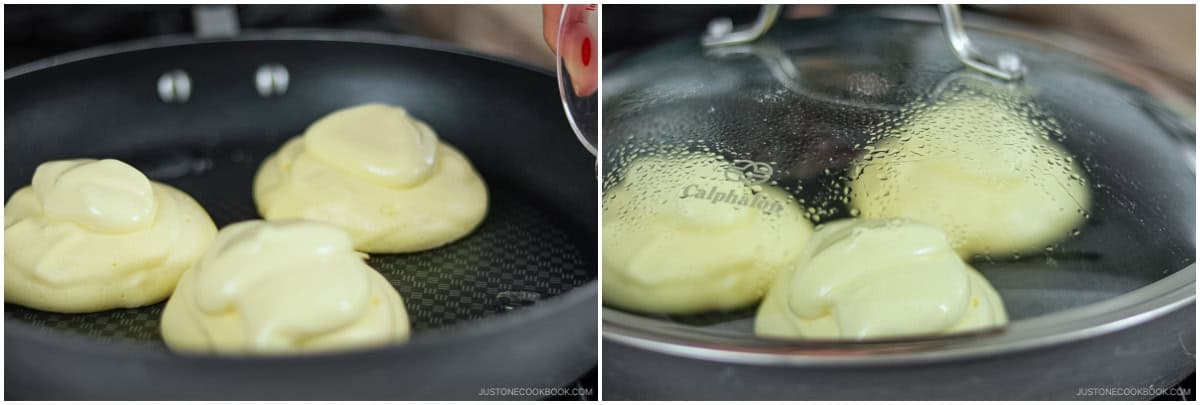 At the 2-minute mark, uncover and mound a final scoop of batter onto each pancake. If the water has evaporated, add a small splash. Re-cover and continue steaming until the timer goes off.
