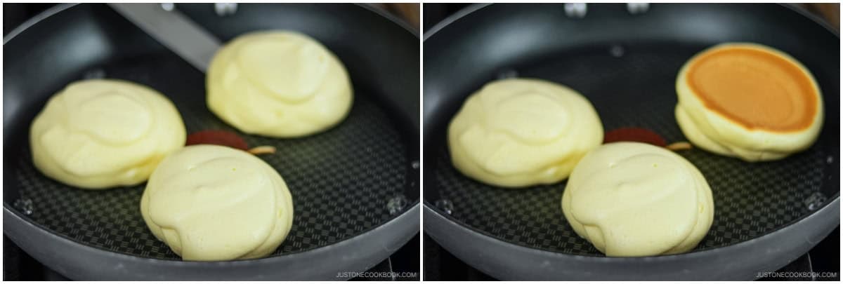 Slide an offset spatula under one pancake and lift it slowly. Pull it slightly to one side to create a gap, then use a rolling motion to flip it.Nami's Tip: The pancake moves easily when it's ready. If the pancake is stuck, let it firm up a bit, then try again. If you force it, the pancake will crack.