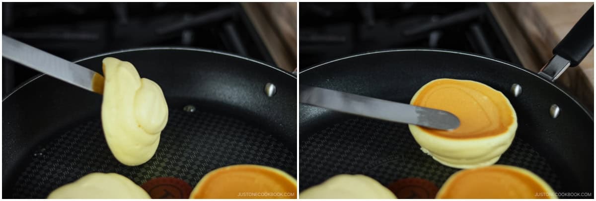 Flip the remaining pancakes using the same rolling motion, working quickly but carefully.