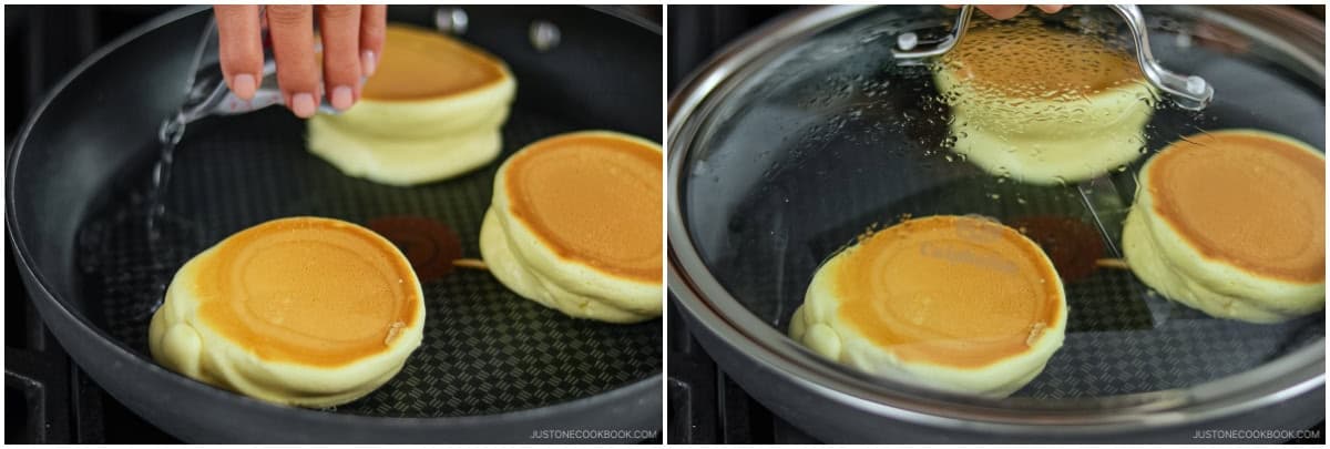 Add 1 Tbsp water to the empty spaces in the pan and cover. Set the timer for 4–5 minutes and cook the other side on the lowest heat.