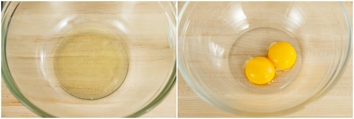 Separate the yolks and whites of 2 large eggs (50 g each w/o shell) in different bowls. Put the bowl of egg whites in the freezer for 15 minutes—set a timer so you don't forget.Nami's Tip: Read why we partially freeze the egg whites in 2 Tips to Make Perfect Meringue (Egg Whites).