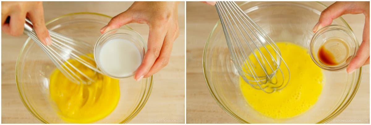 Add 1½ Tbsp whole milk and ¼ tsp pure vanilla extract to the egg yolks. Whisk by hand until pale, thick, and frothy.