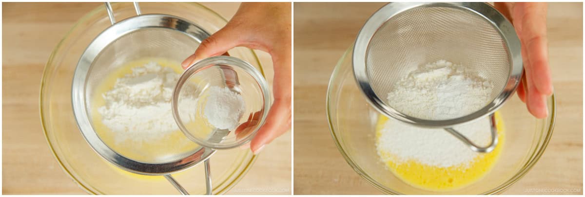 Sift ¼ cup cake flour and ½ tsp baking powder into the bowl.