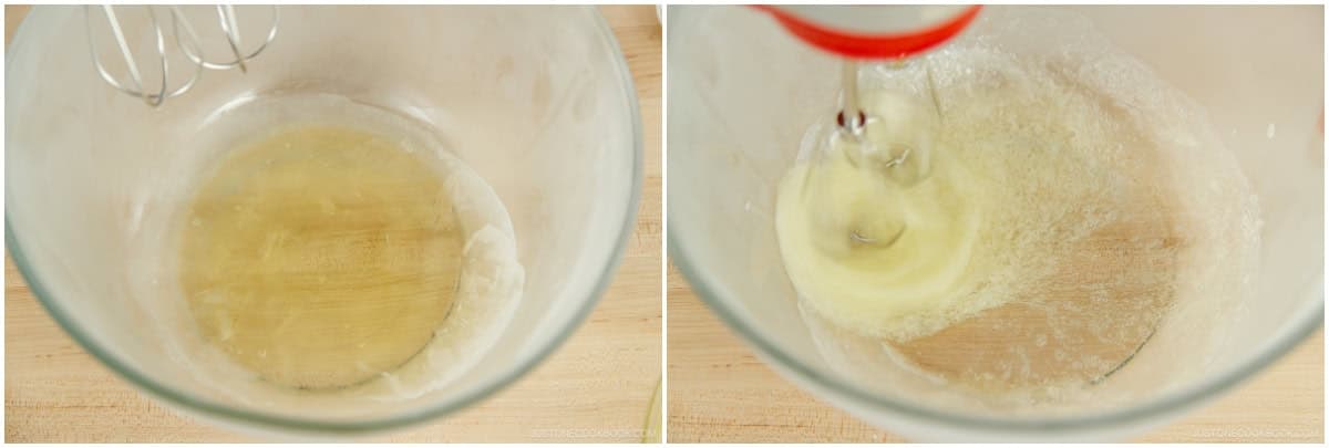 Take out the bowl of egg whites from the freezer.Beat the half-frozen egg whites with a hand mixer or stand mixer on low speed (Speed 2–3) until foamy.Increase to medium speed (Speed 4–6) until soft peaks form.