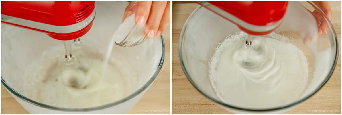 With the mixer running, add 2 Tbsp sugar, one-third at a time. Increase the speed to medium-high (Speed 6–8) and beat until stiff, glossy peaks form, about 2 minutes. Be careful not to overbeat, or the meringue will become stiff and grainy and will be difficult to fold into the batter.See the next step to check for the right consistency.Nami's Tip: If using a stand mixer, pause beating when the meringue is almost done.