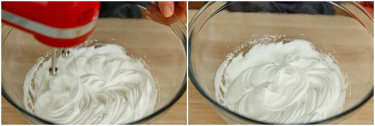Pull up the beaters or whisk to check for stiff peaks. The meringue should hold a firm peak that points straight up or folds over slightly at the tip. It should look glossy and smooth.