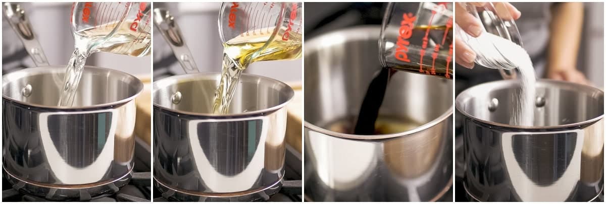 In a saucepan, add ½ cup sake, ½ cup mirin, ½ cup soy sauce, and ¼ cup sugar. Bring the mixture to a boil over medium heat and continuously whisk the sauce until the sugar is dissolved.